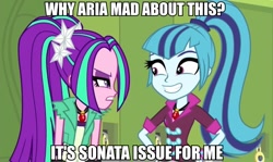 Size: 917x545 | Tagged: safe, imported from derpibooru, aria blaze, sonata dusk, equestria girls, rainbow rocks, carlos, carlos ramón, female, gem, image macro, magic school bus, meme, pun, puns in the comments, reaction image, siren gem