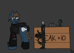 Size: 1400x1000 | Tagged: safe, artist:facade, imported from derpibooru, oc, oc only, oc:cotton, fallout equestria, backpack, boots, box, clothes, flash grenade, grenade, gun, rifle, solo, vest, weapon