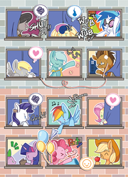 Size: 400x557 | Tagged: safe, artist:ujey02, imported from derpibooru, applejack, bon bon, derpy hooves, dj pon-3, doctor whooves, fluttershy, lyra heartstrings, octavia melody, pinkie pie, rainbow dash, rarity, spike, sweetie drops, time turner, twilight sparkle, vinyl scratch, earth pony, pegasus, pony, unicorn, background six, bon bon is not amused, crossover, female, male, mane six, mare, nintendo, stallion, tomodachi life, unamused