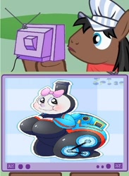 Size: 440x600 | Tagged: safe, imported from derpibooru, full steam, promontory, breasts, cleavage, exploitable meme, female, meme, no exceptions, obligatory pony, thomas the tank engine, tv meme, what has science done