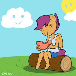 Size: 1000x1000 | Tagged: safe, artist:empyu, imported from derpibooru, scootaloo, anthro, ambiguous facial structure, clothes, cute, cutealoo, eating, eyes closed, female, food, herbivore, log, shorts, sitting, solo, tanktop, watermelon