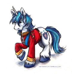 Size: 584x603 | Tagged: safe, artist:kenket, imported from derpibooru, shining armor, pony, unicorn, clothes, messy mane, raised hoof, uniform, unshorn fetlocks