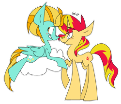 Size: 1024x877 | Tagged: safe, artist:dizzee-toaster, imported from derpibooru, lightning dust, sunset shimmer, pegasus, pony, unicorn, blushing, boop, cloud, female, lesbian, lightningshimmer, shipping, simple background, transparent background