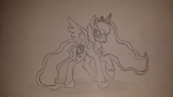 Size: 4128x2322 | Tagged: safe, imported from derpibooru, princess luna, alicorn, pony, female, happy, monochrome, solo, traditional art