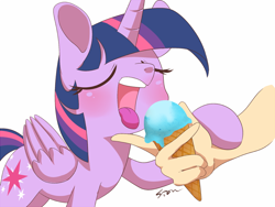 Size: 800x600 | Tagged: safe, artist:sion, imported from derpibooru, twilight sparkle, alicorn, human, pony, disembodied hand, eating, eyes closed, feeding, female, hand, ice cream, mare, open mouth, tongue out, twilight sparkle (alicorn)