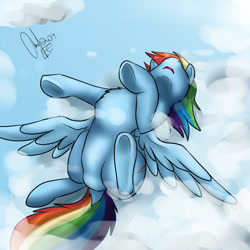 Size: 1000x1000 | Tagged: safe, artist:mixedfeline, imported from derpibooru, rainbow dash, cloud, cloudy, female, sleeping, solo