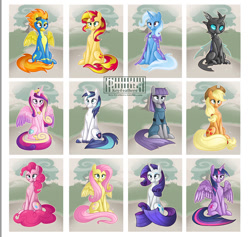 Size: 900x853 | Tagged: safe, artist:keyfeathers, imported from derpibooru, applejack, fluttershy, maud pie, pinkie pie, princess cadance, rarity, shining armor, spitfire, sunset shimmer, trixie, twilight sparkle, alicorn, changeling, pony, unicorn, female, mare, twilight sparkle (alicorn)