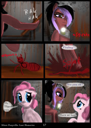 Size: 756x1058 | Tagged: safe, artist:helenasherzblut, imported from derpibooru, pinkie pie, oc, oc:ruby crow, fanfic:silent ponyville, comic, lost memories