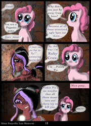 Size: 758x1053 | Tagged: safe, artist:helenasherzblut, imported from derpibooru, pinkie pie, oc, oc:ruby crow, fanfic:silent ponyville, comics, lost memories