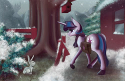 Size: 1881x1217 | Tagged: safe, artist:solarsourced, imported from derpibooru, twilight sparkle, pony, rabbit, clothes, female, mare, scarf, snow, snowfall, winter