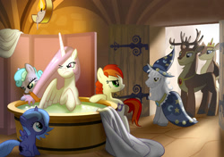 Size: 1600x1128 | Tagged: safe, artist:mister-saugrenu, imported from derpibooru, princess celestia, princess luna, star swirl the bearded, oc, alicorn, deer, pony, unicorn, bath, bathtub, blank flank, brushing, clothes, comb, female, filly, frown, male, mare, one eye closed, pink-mane celestia, smiling, smirk, stallion, wink, woona, younger