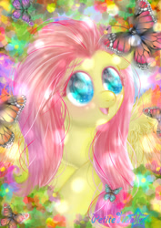Size: 600x848 | Tagged: safe, artist:petitenuelle, imported from derpibooru, fluttershy, butterfly, colors, cute, female, solo