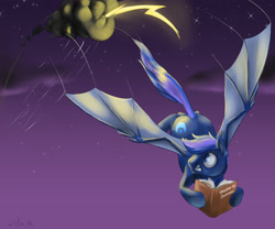 Size: 3000x2500 | Tagged: safe, artist:silfoe, imported from derpibooru, oc, oc only, bat pony, pony, book, cloud, cloudy, flying, gritted teeth, lightning, looking back, scared, solo, spread wings, stormcloud, wide eyes