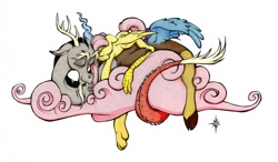 Size: 960x560 | Tagged: safe, artist:halfsparkle, imported from derpibooru, discord, fluttershy, cotton candy cloud, cuddling, discoshy, female, male, shipping, sleeping, snuggling, straight