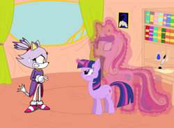 Size: 3471x2550 | Tagged: safe, artist:lightdegel, imported from derpibooru, princess cadance, twilight sparkle, blaze the cat, commission, crossover, magic, sonic the hedgehog (series)