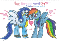 Size: 900x636 | Tagged: safe, artist:wubsontoast, imported from derpibooru, rainbow dash, soarin', blushing, female, heart, male, shipping, soarindash, straight, traditional art