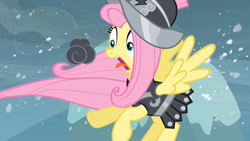 Size: 1280x720 | Tagged: safe, imported from derpibooru, screencap, fluttershy, private pansy, hearth's warming eve (episode), clothes, cloud, cosplay, costume, mountain, snow, snowfall