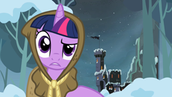 Size: 1280x720 | Tagged: safe, imported from derpibooru, screencap, clover the clever, twilight sparkle, pony, hearth's warming eve (episode), canvas, castle, clothes, costume, female, front view, hood, mare, slowpoke, snow, snowfall, tree, unicorn tribe