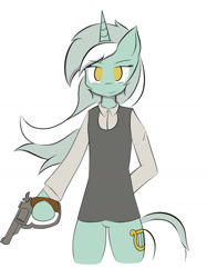 Size: 772x1034 | Tagged: safe, artist:41vocal, imported from derpibooru, lyra heartstrings, semi-anthro, clothes, female, gun, revolver, solo