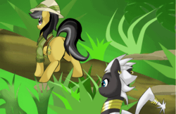 Size: 1119x723 | Tagged: safe, artist:mad'n evil, imported from derpibooru, daring do, oc, oc:zurie, zebra, zebstrika, series:the adventures of chubby daring do, animated, blowgun, butt, comp-ass, dart, jungle, mare, plot, pokémon, ponified, ponymon, sequence, weight gain