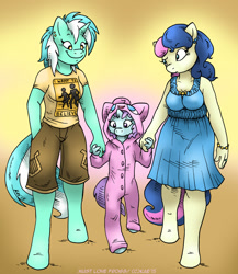 Size: 867x1000 | Tagged: safe, artist:kaemantis, imported from derpibooru, bon bon, liza doolots, lyra heartstrings, petunia, sweetie drops, tootsie flute, anthro, human, jigglypuff, unguligrade anthro, clothes, daughter, ear piercing, family, female, kigurumi, lesbian, lyrabon, lyrabontoots family, magical lesbian spawn, mother, offspring, parent:bon bon, parent:lyra heartstrings, parents:lyrabon, shipping, tootsie cute