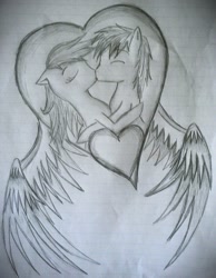 Size: 787x1014 | Tagged: safe, artist:pba-anime-freak, imported from derpibooru, rainbow dash, soarin', female, heart, kissing, male, monochrome, shipping, soarindash, straight, traditional art