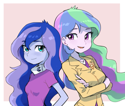 Size: 945x800 | Tagged: dead source, safe, artist:baekgup, imported from derpibooru, princess celestia, princess luna, equestria girls, clothes, female, looking at you, open mouth, principal celestia, shirt, smiling, vice principal luna