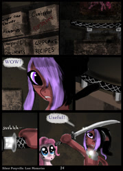 Size: 757x1056 | Tagged: safe, artist:helenasherzblut, imported from derpibooru, pinkie pie, oc, oc:ruby crow, fanfic:silent ponyville, comic, katana, lost memories, sword, weapon