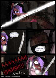 Size: 761x1051 | Tagged: safe, artist:helenasherzblut, imported from derpibooru, pinkie pie, oc, oc:ruby crow, comic, katana, lost memories, screaming, sword, weapon