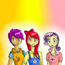Size: 500x500 | Tagged: safe, artist:kayak94, imported from derpibooru, apple bloom, scootaloo, sweetie belle, human, cutie mark crusaders, humanized, trio