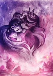 Size: 838x1200 | Tagged: dead source, safe, artist:lifemachine, imported from derpibooru, princess luna, scootaloo, alicorn, pegasus, pony, sleepless in ponyville, crown, eyes closed, female, filly, foal, house, jewelry, lidded eyes, mare, ponies riding ponies, regalia, riding, scootalove, signature, sleeping, tree