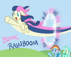 Size: 700x560 | Tagged: safe, artist:atlur, deleted from derpibooru, imported from derpibooru, bon bon, lyra heartstrings, rainbow dash, sweetie drops, bon bon is amused, bonafied, bonpun, floppy ears, flying, how, open mouth, pun, rainbow dash is not amused, raised eyebrow, smiling, sonic rainboom, sonic xboom, windswept mane