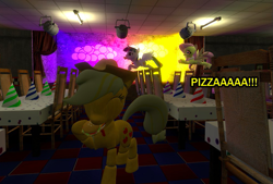 Size: 689x466 | Tagged: safe, imported from derpibooru, applejack, fluttershy, twilight sparkle, pony, robot, robot pony, five nights at aj's, 3d, animatronic, applefreddy, applefreddy fazjack's pizzeria, burger, creepy, eating, five nights at freddy's, flutterchica, looking at you, pizza, twibon