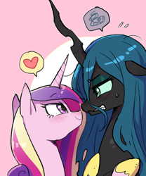 Size: 500x600 | Tagged: dead source, safe, artist:baekgup, imported from derpibooru, princess cadance, queen chrysalis, alicorn, changeling, changeling queen, abstract background, annoyed, blushing, cadalis, cute, cutealis, eyeshadow, female, floppy ears, gritted teeth, heart, heart eyes, horn, lesbian, makeup, mare, missing accessory, shipping, smiling, speech bubble, story in the comments, sweatdrop, wavy mouth, wingding eyes