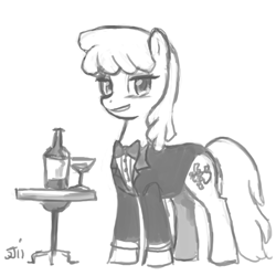 Size: 800x800 | Tagged: safe, artist:johnjoseco, imported from derpibooru, berry punch, berryshine, alcohol, artifact, bottle, bowtie, clothes, female, glass, grayscale, jacket, monochrome, solo, table, wine