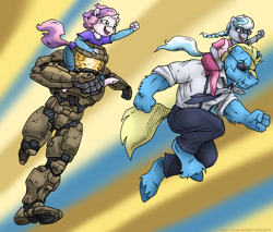 Size: 1100x939 | Tagged: safe, artist:kaemantis, imported from derpibooru, silver spoon, sweetie belle, oc, oc:sticker shock, anthro, unguligrade anthro, chief and belle, clothes, crossover, halo (series), master chief, unshorn fetlocks