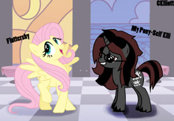 Size: 720x502 | Tagged: safe, artist:x-skull-kitten-x, imported from derpibooru, fluttershy, oc, oc:elli, pony, unicorn, pony creator, glasses, skull, unshorn fetlocks