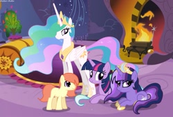 Size: 1083x737 | Tagged: safe, artist:asika-aida, imported from derpibooru, princess celestia, twilight sparkle, oc, oc:prince dawn, oc:princess dusk, alicorn, earth pony, pony, unicorn, colt, crown, cutie mark, family, female, filly, fireplace, lesbian, magical lesbian spawn, male, mare, offspring, parent:princess celestia, parent:twilight sparkle, parents:twilestia, shipping, twilestia, twilight sparkle (alicorn)