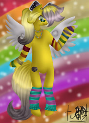 Size: 1700x2338 | Tagged: safe, artist:milchwoman, imported from derpibooru, oc, oc:rima, anthro, pegasus, art trade, bow, glasses, leg warmers, necklace, ponified