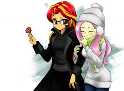 Size: 1100x810 | Tagged: safe, artist:twilite-sparkleplz, imported from derpibooru, fluttershy, sunset shimmer, equestria girls, clothes, female, glasses, gloves, hat, lesbian, rose, scarf, shipping, sunshyne, sweater, sweatershy, winter