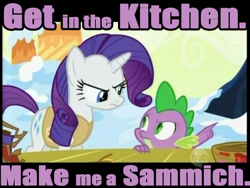 Size: 720x540 | Tagged: safe, imported from derpibooru, rarity, spike, image macro, meme, purple text, sandwich, sexism