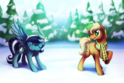 Size: 800x537 | Tagged: safe, artist:shinepawpony, imported from derpibooru, oc, oc only, pegasus, pony, unicorn, clothes, magic, scarf, snow, snowball, snowball fight, tree, winter