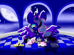 Size: 2272x1704 | Tagged: safe, artist:lovehtf421, imported from derpibooru, princess celestia, princess luna, crown, filly, filly celestia thing, night, sleeping