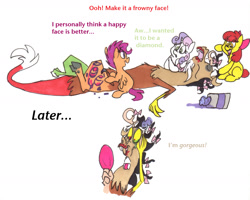 Size: 2401x1920 | Tagged: dead source, safe, artist:frankilew, imported from derpibooru, apple bloom, discord, scootaloo, sweetie belle, crossdressing, everything went better than expected, graffiti, makeover, this will end in tears and/or death and/or covered in tree sap, tree sap and pine needles, vandalism