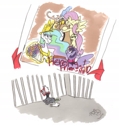 Size: 2131x2265 | Tagged: safe, artist:frankilew, imported from derpibooru, discord, fluttershy, lord tirek, princess celestia, twilight sparkle, alicorn, pony, bouquet, eyes closed, female, hug, magic, mare, open mouth, smiling, spread wings, telekinesis, twilight sparkle (alicorn)