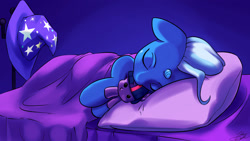 Size: 1920x1080 | Tagged: safe, artist:skecchiart, imported from derpibooru, trixie, twilight sparkle, pony, unicorn, bed, cute, doll, eyes closed, female, floppy ears, hug, mare, on side, plushie, side, sleeping, solo