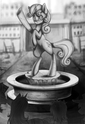 Size: 683x1000 | Tagged: safe, artist:limreiart, imported from derpibooru, part of a set, sweetie belle, oc, oc:calamity, oc:littlepip, oc:steelhooves, oc:velvet remedy, pony, unicorn, fallout equestria, female, fillydelphia, grayscale, hat, horn, mare, monochrome, rearing, smiling, statue