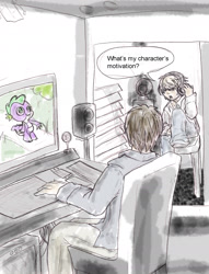 Size: 1668x2188 | Tagged: safe, artist:thetrainticket, imported from derpibooru, spike, cathy weseluck, death note, near, traditional art, voice actor joke