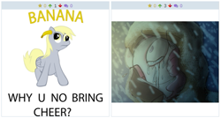 Size: 515x276 | Tagged: safe, imported from derpibooru, derpy hooves, princess celestia, pegasus, pony, derpibooru, banana, charlie the unicorn, crying, exploitable meme, female, juxtaposition, juxtaposition win, mare, meme, meta, reference, y u no