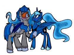 Size: 1024x765 | Tagged: safe, artist:frankilew, imported from derpibooru, princess luna, oc, oc:sunshine smiles (egophiliac), alicorn, bat pony, pony, canon x oc, crown, ethereal mane, eyepatch, female, hoof shoes, jewelry, male, mare, night guard, peytral, regalia, shipping, simple background, stallion, straight, white background